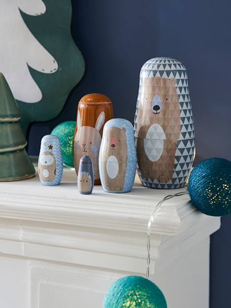 Bonecas encaixáveis com animais, em madeira azul+multicolor 