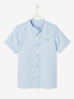 Camisa de mangas curtas com gola mao, em algodão/linho, para menino