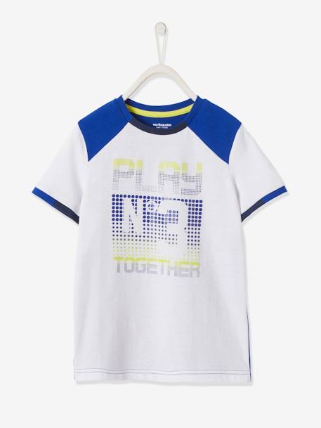 T-shirt de desporto bicolor em matéria técnica com detalhes efeito píxel, para menino BRANCO CLARO LISO COM MOTIVO 