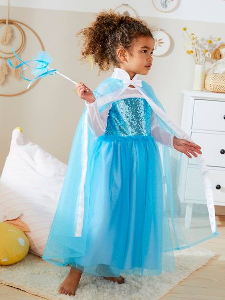 Disfarce de princesa com capa, varinha e coroa azul+branco 