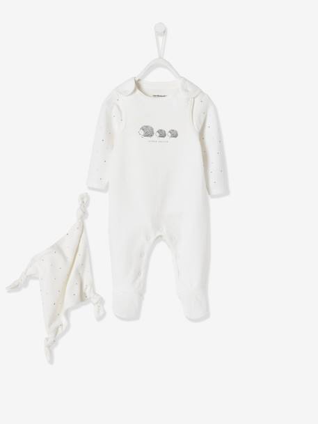 Conjunto macacão + body + boneco doudou, em algodão bio, para recém-nascido BRANCO CLARO LISO COM MOTIVO 
