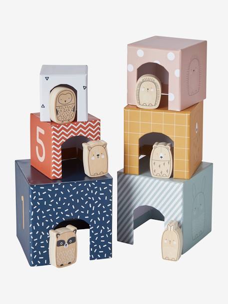 Torre de cubos + animais em madeira multicolor 