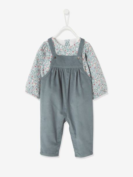 Conjunto blusa e jardineiras em bombazina, para bebé menina AZUL ESCURO LISO 