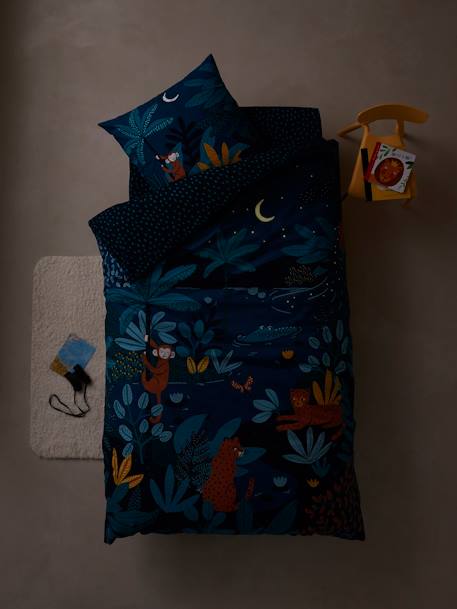 Conjunto capa de edredon + fronha de almofada para criança, tema Jungle night AZUL ESCURO LISO COM MOTIVO 