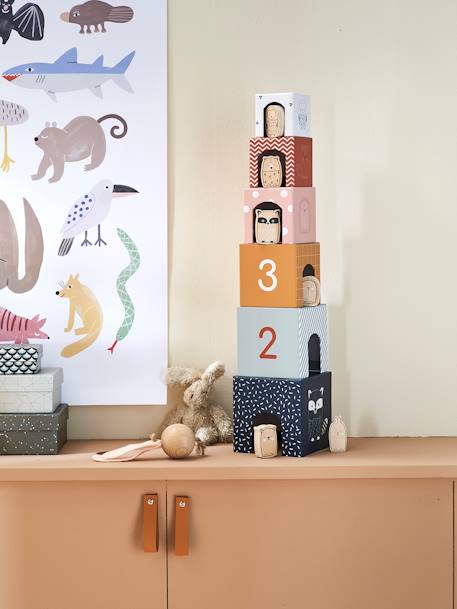 Torre de cubos + animais em madeira multicolor 