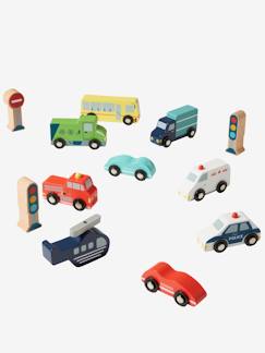 Brinquedos-Jogos de imaginação-Veículos, oficinas, circuitos e comboios-Caixa com veículos e acessórios de madeira