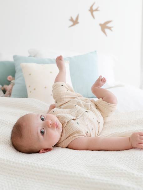 Macacão em gaze de algodão bordado, para bebé menino recém-nascido Bege claro liso 