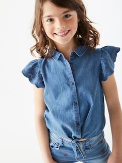 Menina 2-14 anos-Blusas, camisas-Blusa de ganga, com folho bordado nas mangas, para menina