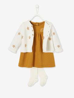 Bebé 0-36 meses-Vestidos, saias-Conjunto casaco bordado + vestido em moletão + collants, para bebé