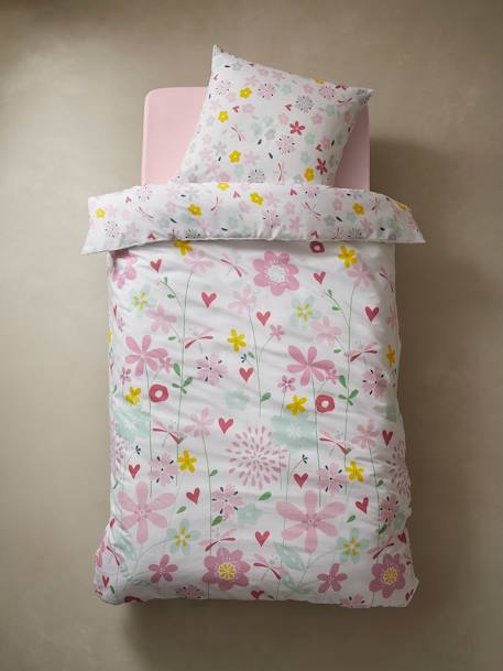 Conjunto capa de edredon + fronha de almofada para criança, tema Flores e libélulas Branco claro liso com motivo 