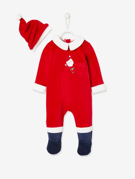 Conjunto presente de Natal para bebé: pijama em veludo + gorro VERMELHO ESCURO LISO COM MOTIV 