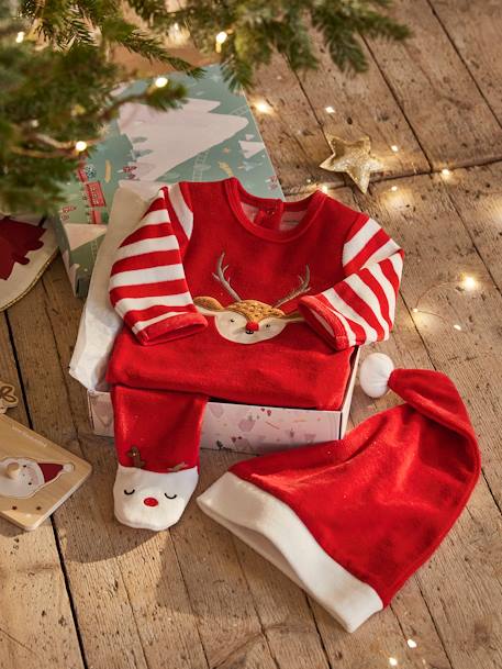 Conjunto presente de Natal para bebé: pijama em veludo + gorro VERMELHO ESCURO LISO COM MOTIV 