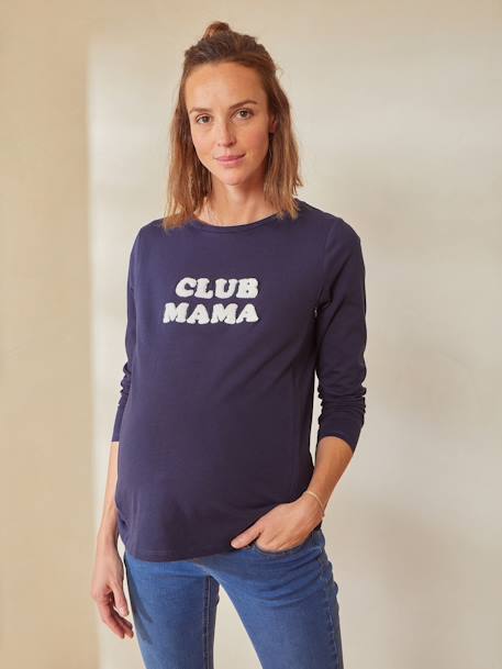 Camisola em algodão bio com mensagem, especial gravidez e amamentação AZUL ESCURO LISO+VERDE ESCURO LISO COM MOTIVO 