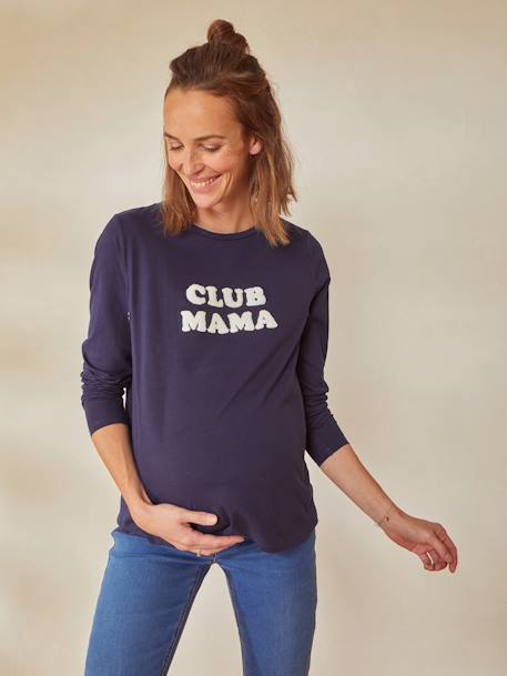 Camisola em algodão bio com mensagem, especial gravidez e amamentação AZUL ESCURO LISO+VERDE ESCURO LISO COM MOTIVO 