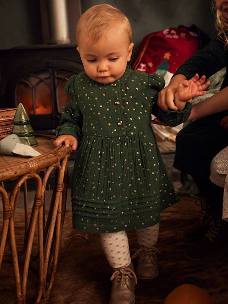 Vestido em gaze de algodão, abertura assimétrica, para bebé VERDE ESCURO ESTAMPADO+VERMELHO ESCURO ESTAMPADO 