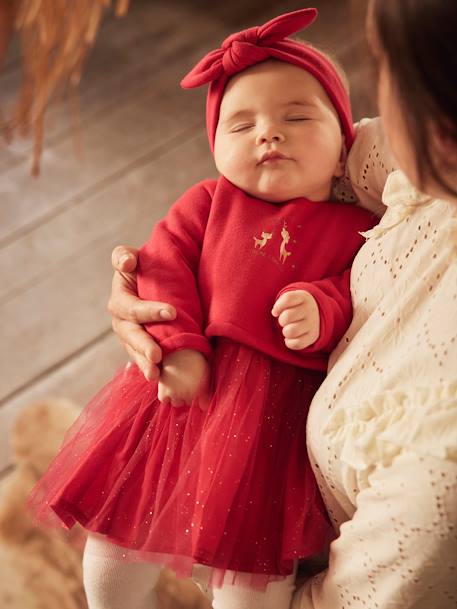 Vestido especial Natal, efeito 2 em 1, fita de cabelo e collants, para bebé VERMELHO ESCURO LISO COM MOTIV 