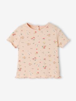 T-shirt às flores, em malha canelada, para bebé