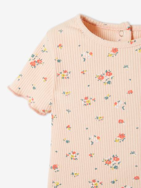 T-shirt às flores, em malha canelada, para bebé ROSA CLARO ESTAMPADO 