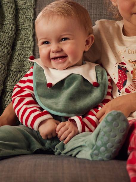 Conjunto presente de Natal para bebé: pijama em veludo + babete VERDE ESCURO LISO COM MOTIVO 