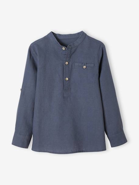Camisa em linho/algodão, gola mao, mangas compridas, para menino AZUL VIVO LISO+azul-céu+Branco claro liso+VERDE MEDIO LISO 