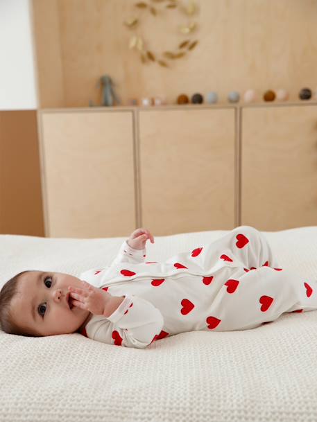 Pijama de bebé aos corações, em moletão, Petit Bateau BRANCO CLARO ESTAMPADO 