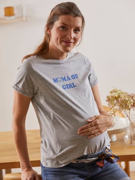 T-shirt com mensagem, em algodão bio, especial gravidez e amamentação CINZENTO MEDIO LISO COM MOTIVO 