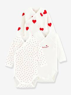 Bebé 0-36 meses-Bodies-Lote de 3 bodies cruzados de mangas compridas, com corações, para recém-nascido, em algodão bio, da Petit Bateau