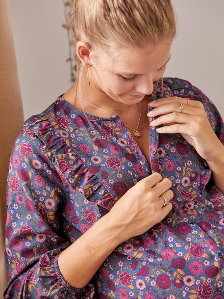 Blusa estampada com botões, especial gravidez e amamentação AZUL ESCURO LISO 