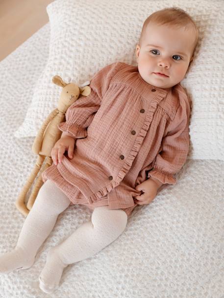 Vestido em gaze de algodão e as cuecas a combinar, para bebé ROSA MEDIO LISO 