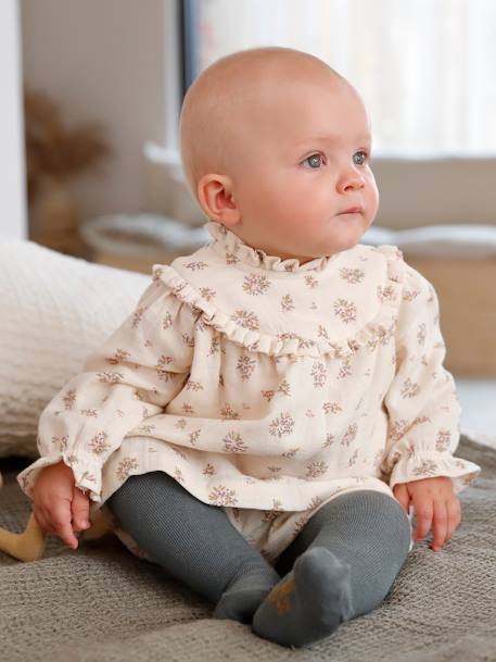 Vestido em gaze de algodão com calções bloomer, para bebé BEGE MEDIO ESTAMPADO 