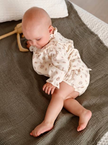 Vestido em gaze de algodão com calções bloomer, para bebé BEGE MEDIO ESTAMPADO 