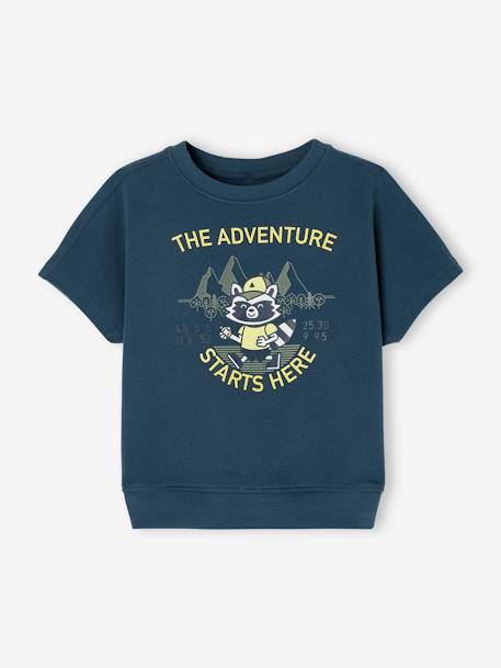 T-shirt em moletão, detalhes fluorescentes, para menino azul-petróleo 