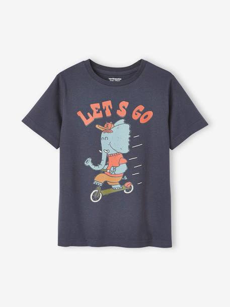 T-shirt com animal engraçado, para menino azul-noite+cinza mesclado 