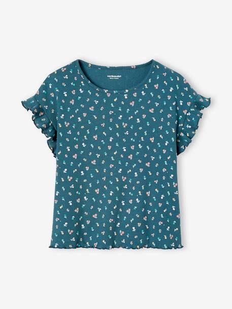 T-shirt em canelado, estampada às flores, para menina azul-tinta+cru 