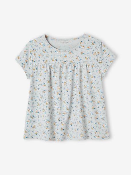 T-shirt modelo blusa às flores, para menina azul-céu+cru 