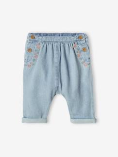 Denim-Bebé 0-36 meses-Calças, jeans-Calças saruel bordadas, em ganga, para bebé