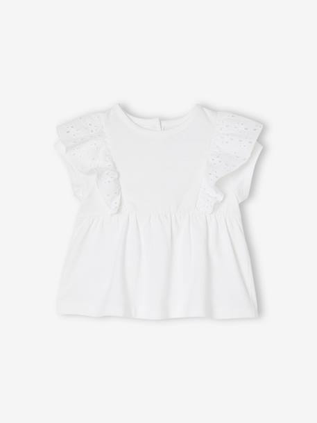 T-shirt com folho em bordado inglês, para bebé branco+caramelo 