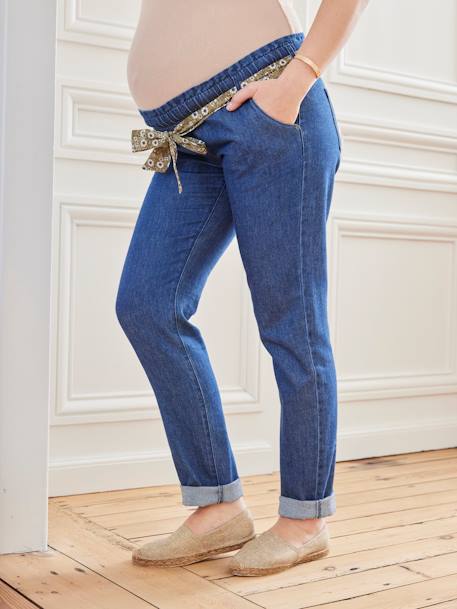 Jeans corte paperbag com cinto, para grávida AZUL ESCURO LISO 
