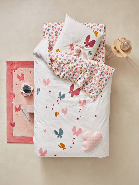 Conjunto capa de edredon + fronha de almofada para criança, tema Voo de borboletas Rosa estampado 