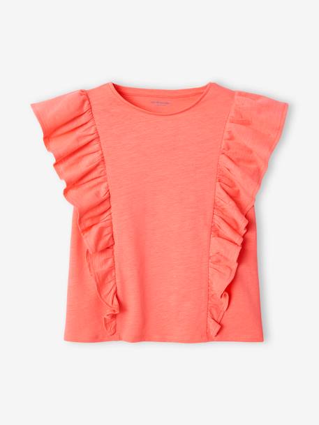 T-shirt com folhos, para menina coral+pêssego+verde-salva 