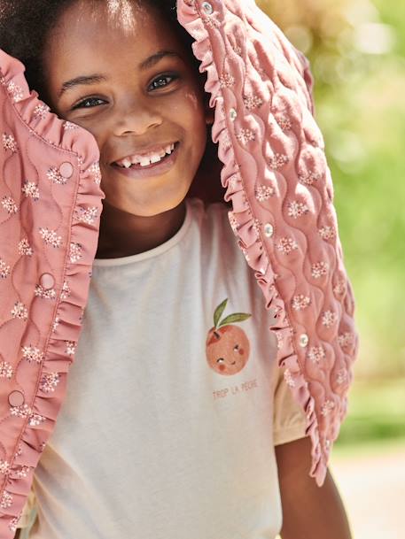 T-shirt com mangas balão, fruto no peito, para menina cru+rosa-pálido 