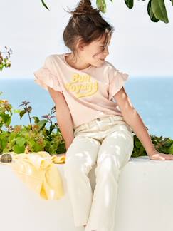 Menina 2-14 anos-T-shirt com mensagem com impressão em volume, mangas curtas com folho, para menina