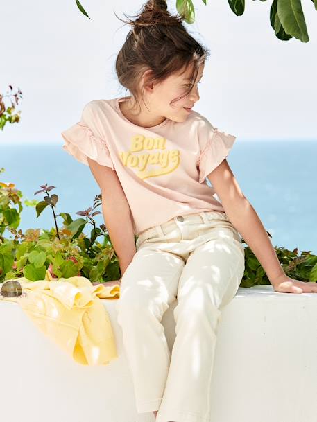 T-shirt com mensagem com impressão em volume, mangas curtas com folho, para menina rosa-pálido 
