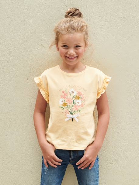 T-shirt com motivo irisado, mangas curtas com folho, para menina amarelo-pálido+cru+malva+marinho+pêssego 