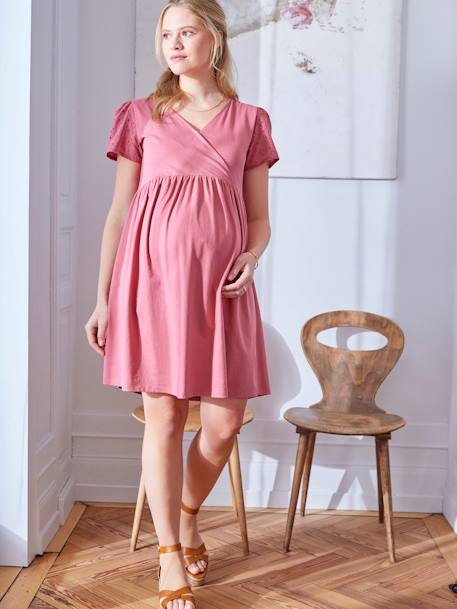 Vestido bimatéria, cruzado, especial gravidez e amamentação rosa-velho 