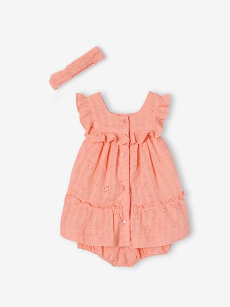 Conjunto em bordado inglês para bebé com vestido, calções bloomer e fita coral 