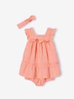 Conjunto em bordado inglês para bebé com vestido, calções bloomer e fita