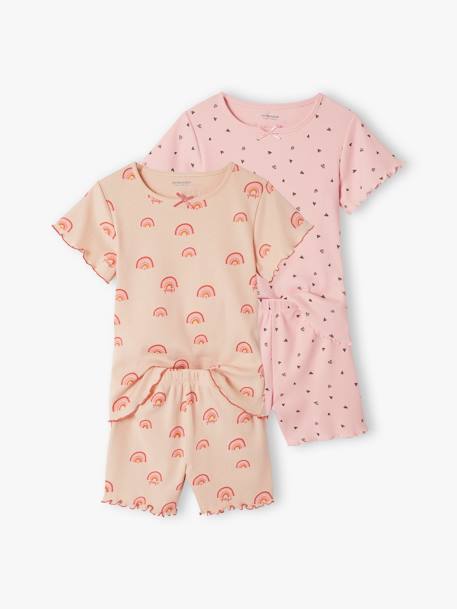 Lote de 2 pijamas estampados, em malha canelada, para menina rosado 