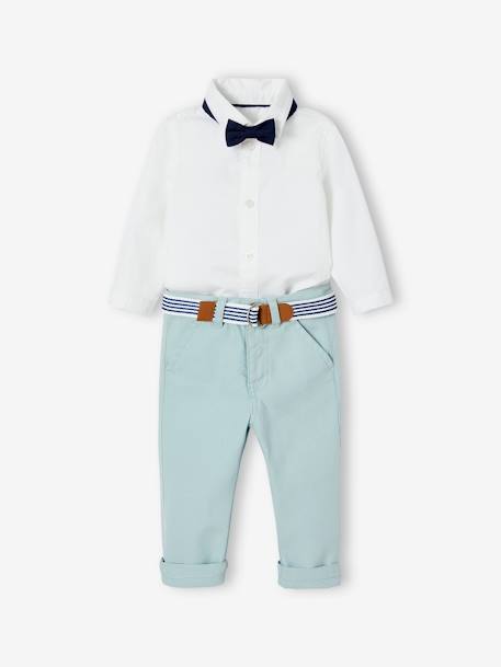 Conjunto de cerimónia, calças com cinto, camisa e laço-papillon, para bebé branco 