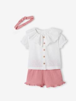 Bebé 0-36 meses-Conjunto de 3 peças, blusa bordada, calções em gaze de algodão e fita de cabelo a condizer, para bebé